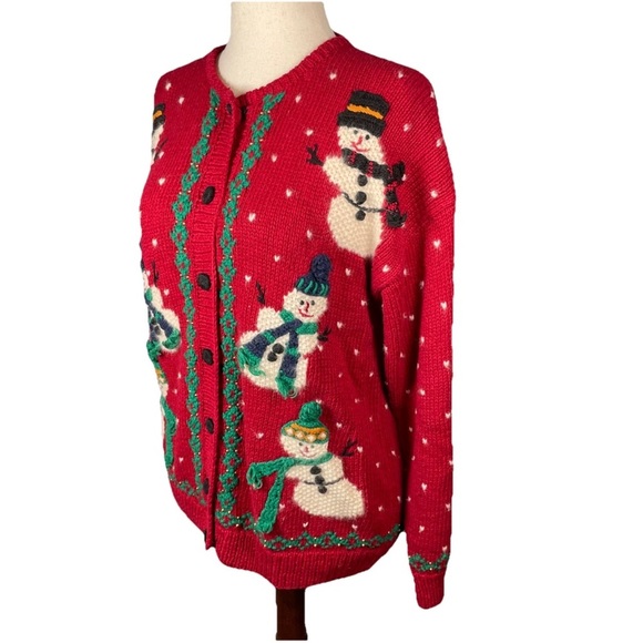Vintage Boundary Waters Christmas Cardigan Sweater Womens Size Large Snowmen - Picture 2 of 6